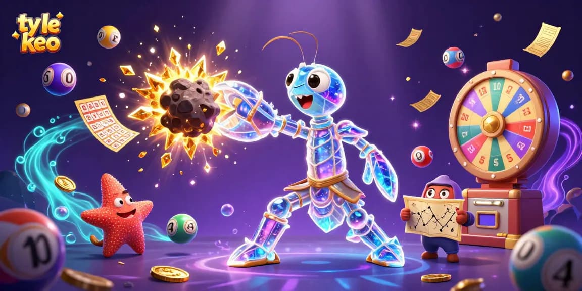 Experience ty le keo excitement with colorful lottery balls and golden gems bouncing in a vibrant casino scene.