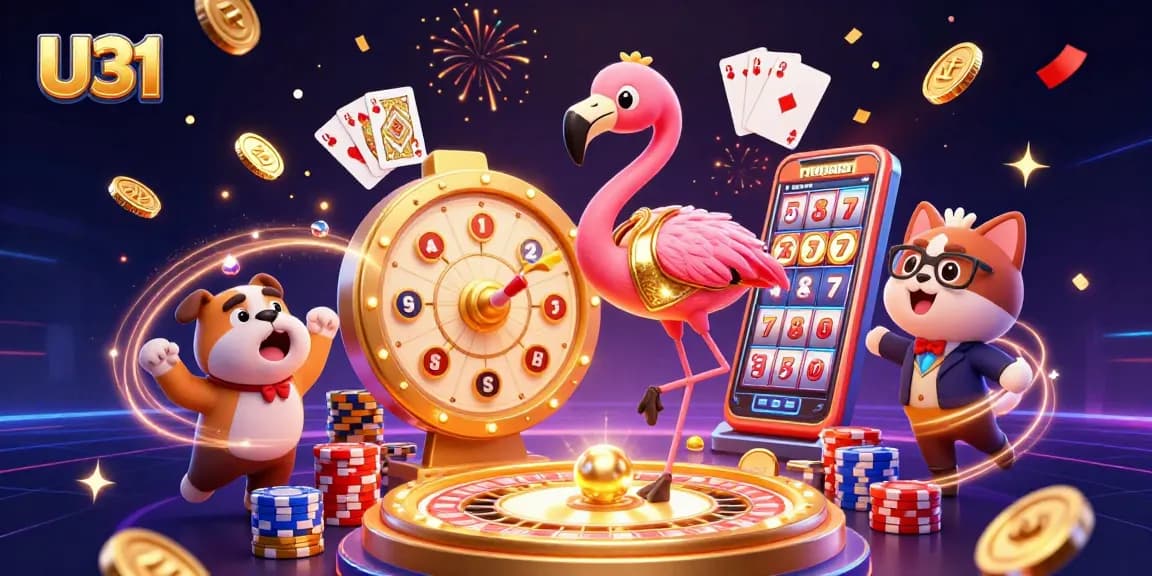 Experience the excitement of U31 gaming with a dynamic 3D casino scene featuring vibrant characters and prizes.