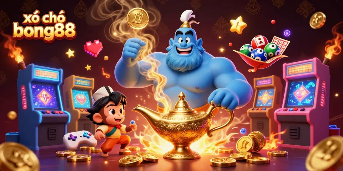 Engage with xổ số bong88 as a muscular genie offers lottery excitement on a magical carpet.