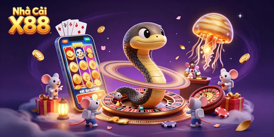 Engage with Nhà Cái X88's vibrant gambling universe featuring animated games and cosmic characters.