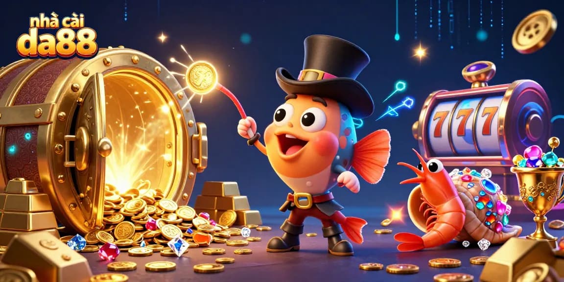 Join the action with nhà cái da88, featuring slot games and treasure-rich characters in a vibrant casino scene.