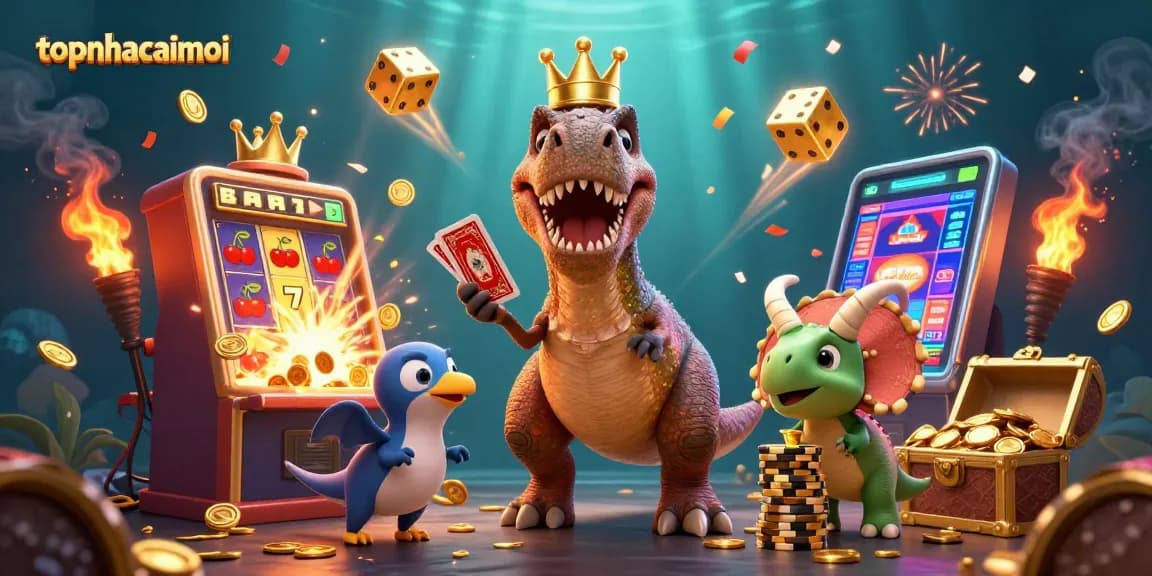 topnhacaimoi reveals a T-Rex and friends in vibrant casino chaos, stacking chips and shuffling cards.