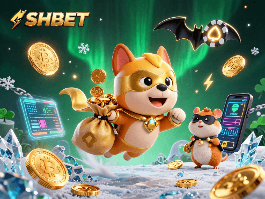 Experience thrilling wins with SHBET featuring a superhero dog and hamster in a vibrant casino scene.