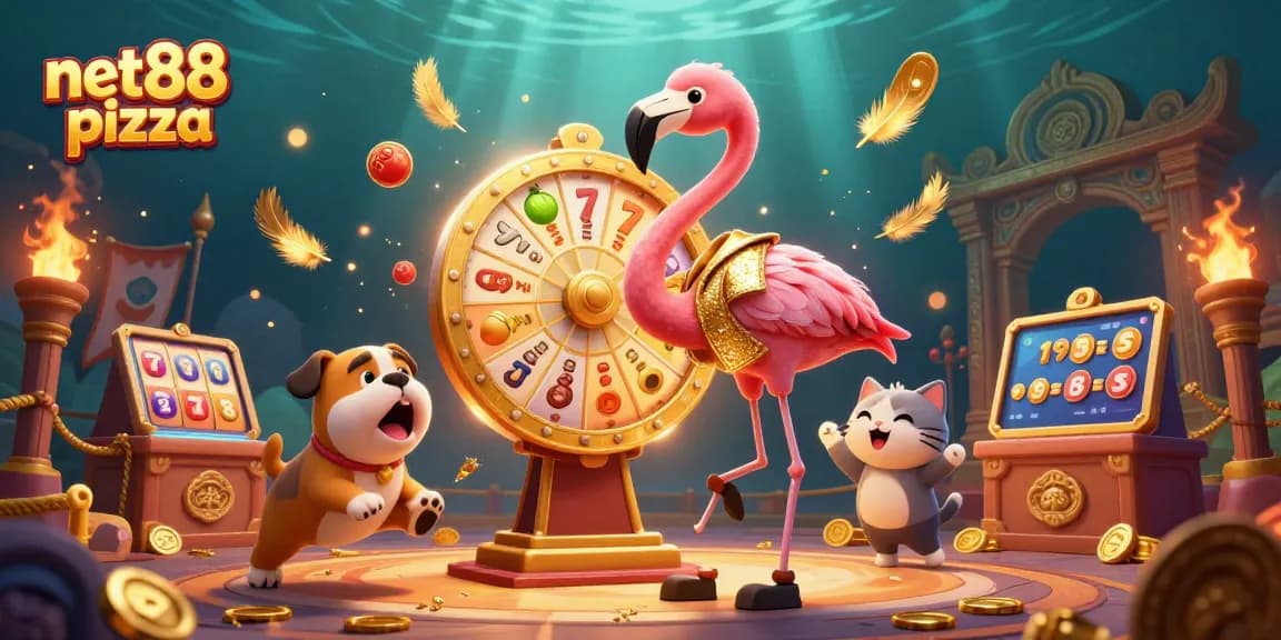 net88 pizza showcases a vibrant 3D scene of gambling excitement featuring a game show host flamingo and a bulldog contestant.