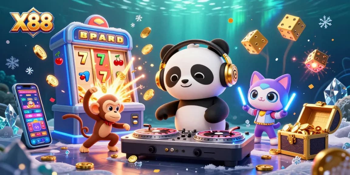 X88 engages players with vibrant casino fun featuring a DJ panda and slot machines bursting with prizes.