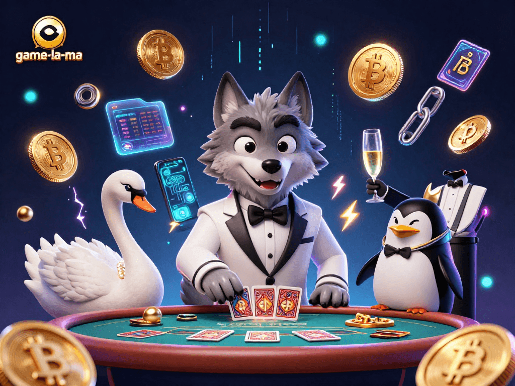 Experience the thrill of game-la-ma with vibrant characters at a baccarat table amidst crypto elements.