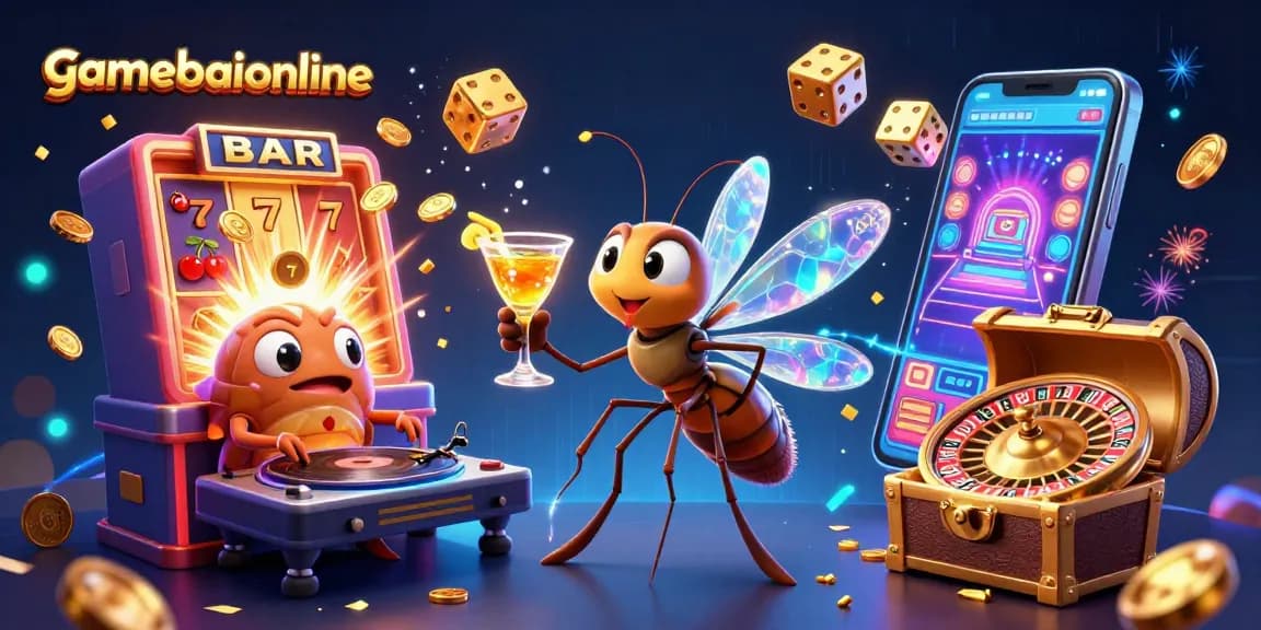 Join the excitement at gamebaiionline with a lively casino scene featuring slot machines and winning elements.