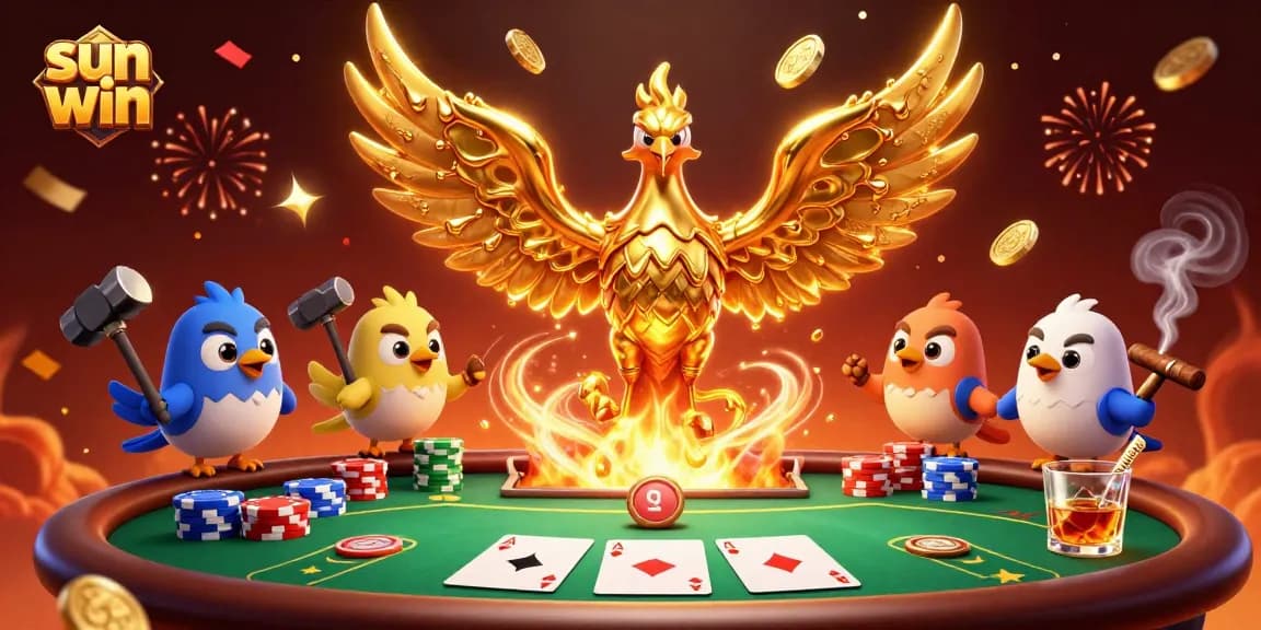 Experience huge wins with sun win, a vibrant casino scene featuring a golden phoenix and poker elements.