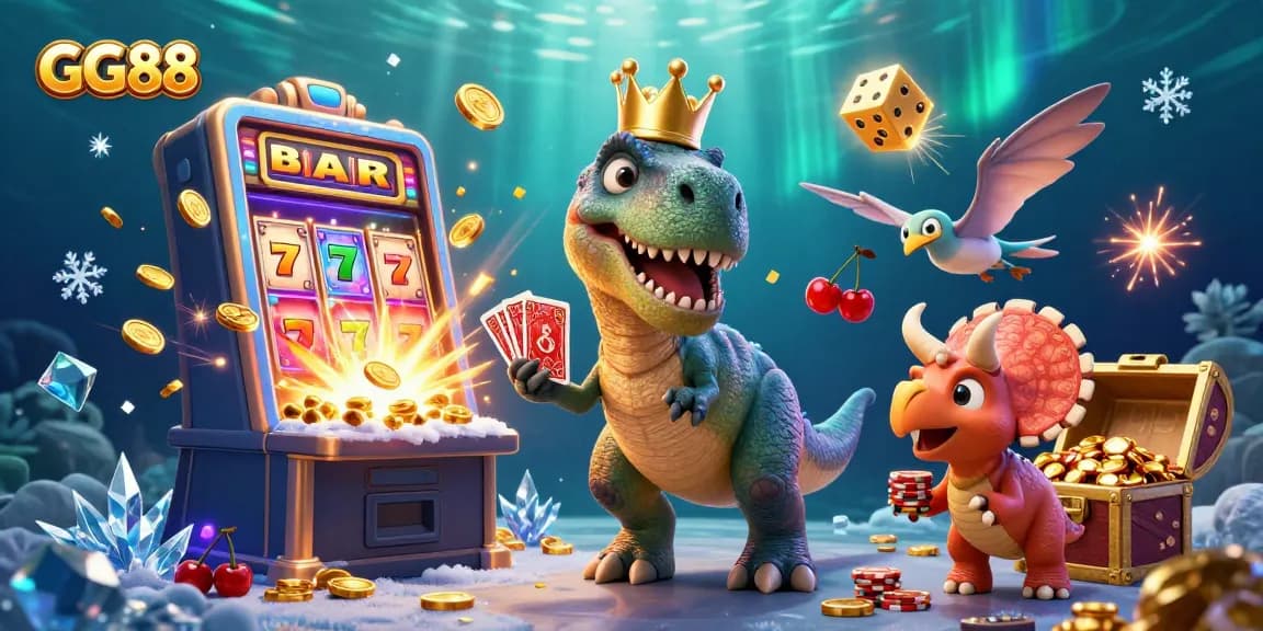 Experience the excitement of GG88 with fun characters engaging in dynamic gambling activities surrounded by casino elements.