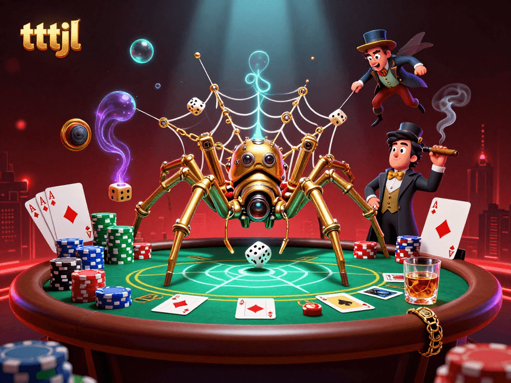 Experience the thrilling world of tttjl where a steampunk spider weaves a web of chance amidst vibrant casino elements.