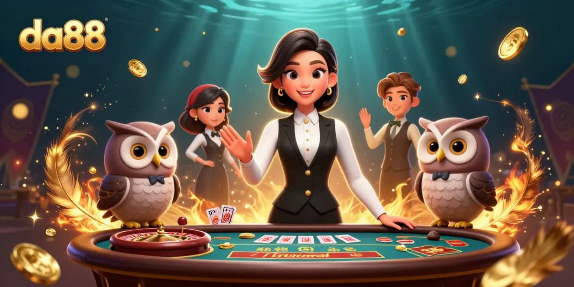 Experience thrilling baccarat games with da88 featuring a charming dealer and owl assistant.