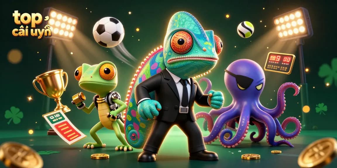 Capture the excitement of top nhà cái uy tín with a dynamic 3D casino scene featuring colorful characters and betting elements.