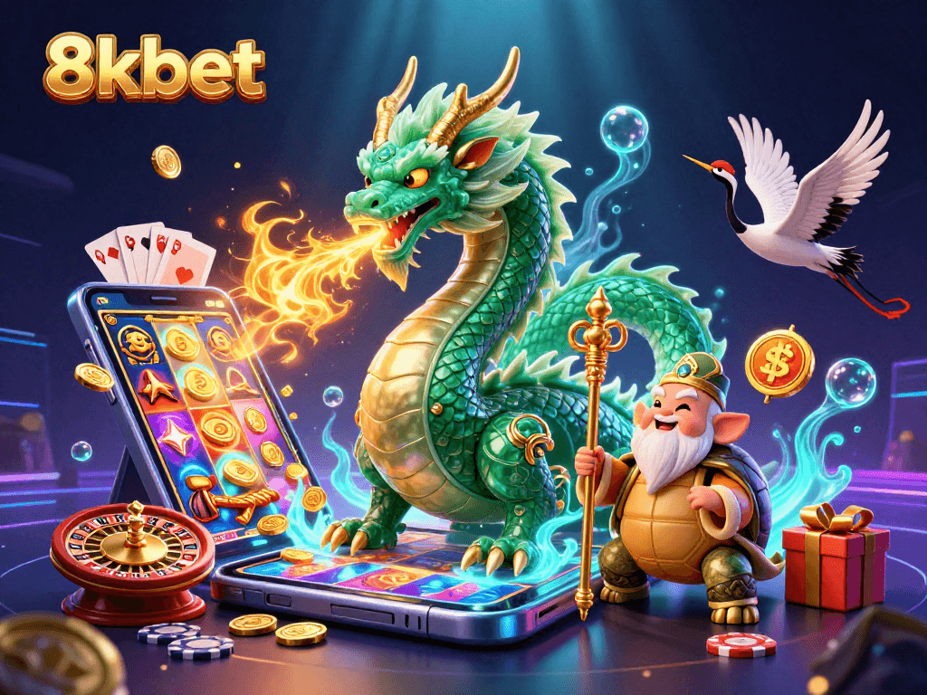 Experience thrilling gaming action with 8xbet through this vibrant casino illustration.