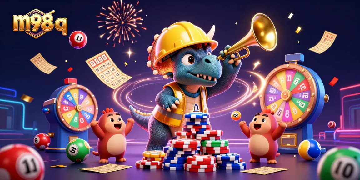 Celebrate big wins with m98 q at a vibrant casino-themed party illustration.