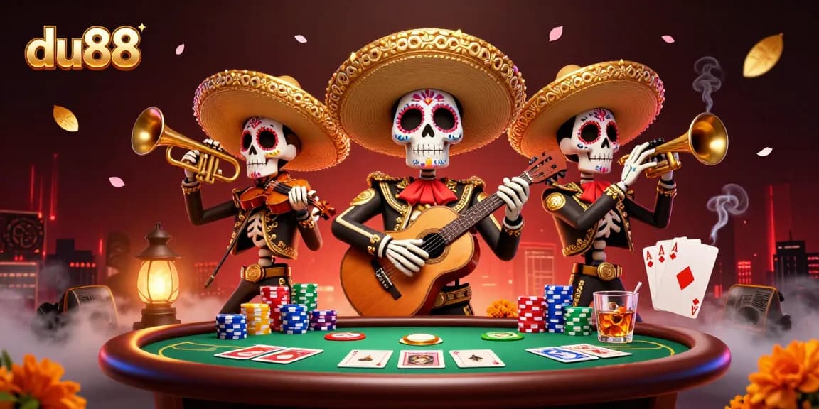 Experience the thrill of du88 with a vibrant poker scene featuring a mariachi band and colorful game elements.