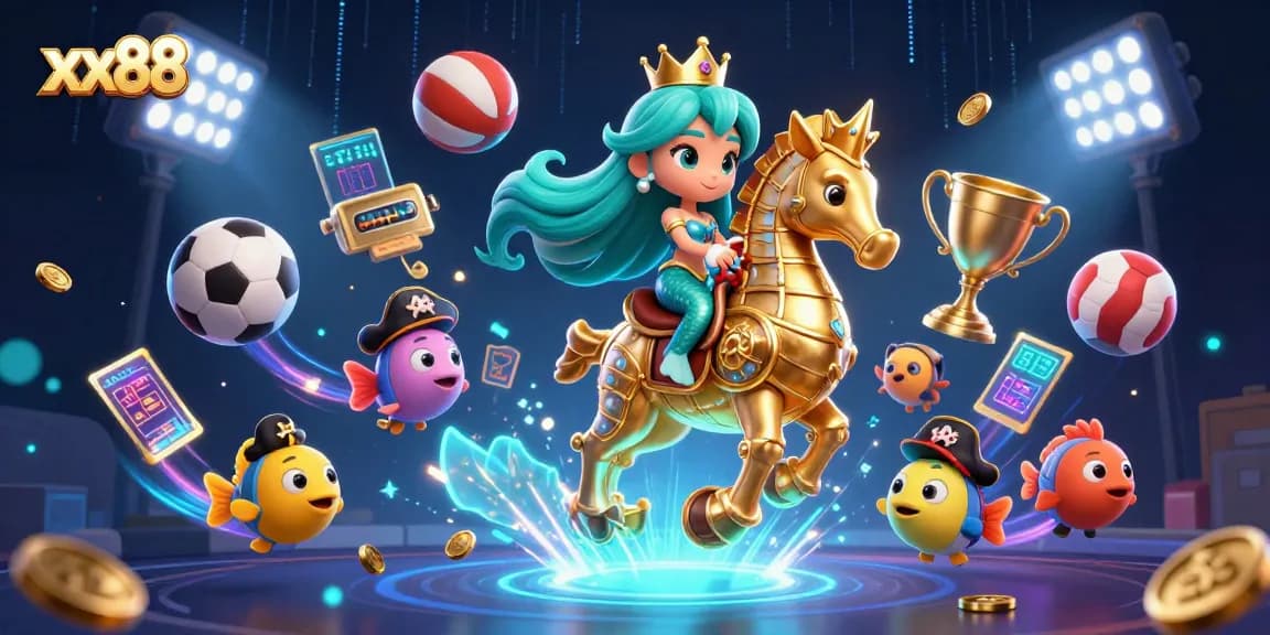 Win big at xx88 with this vibrant 3D illustration featuring a mermaid and sports symbols!