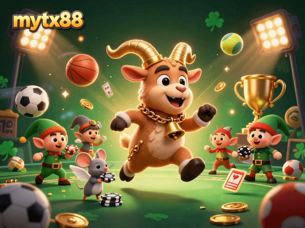 Engage in thrilling gaming moments with mytx88's festive casino illustration featuring Krampus and playful characters.