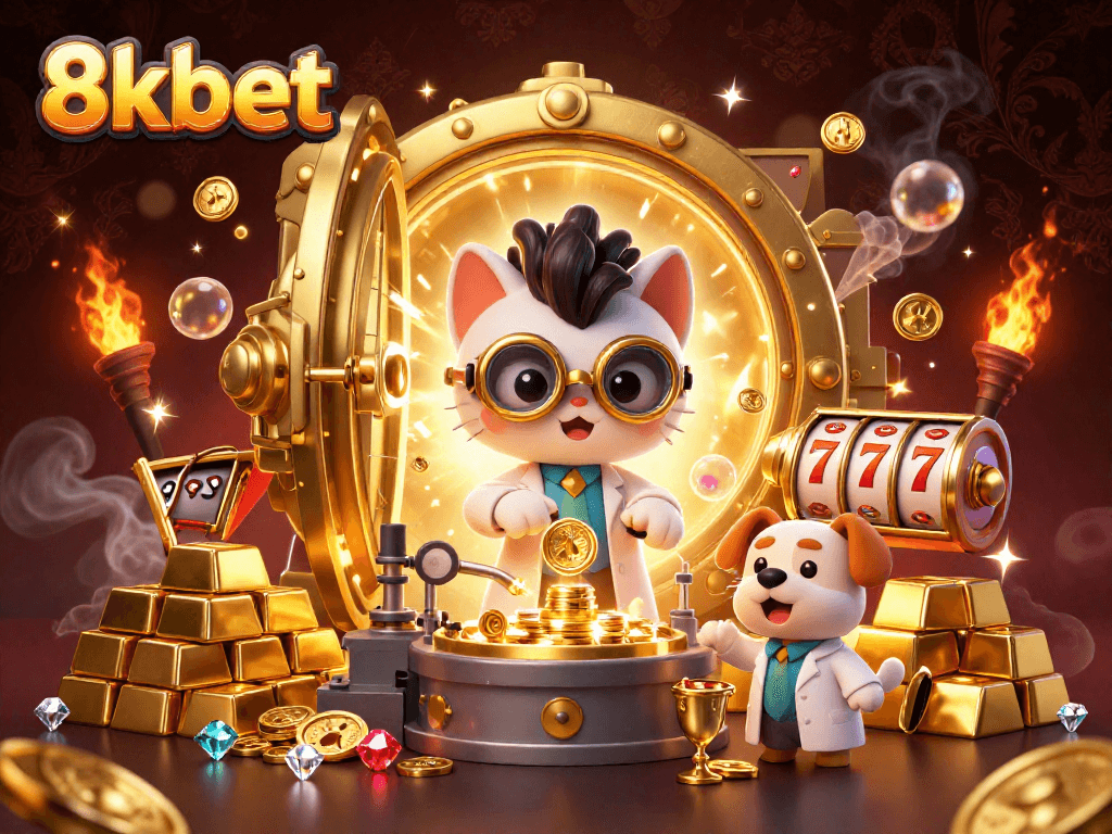 Experience the thrilling excitement of 8kbet with vivid casino scenes featuring dynamic slots and gold treasures.