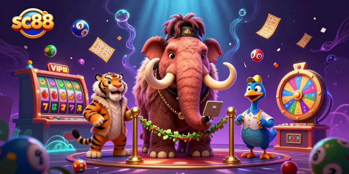 Experience the thrill at sc88 with a vibrant casino scene featuring playful characters and game elements.