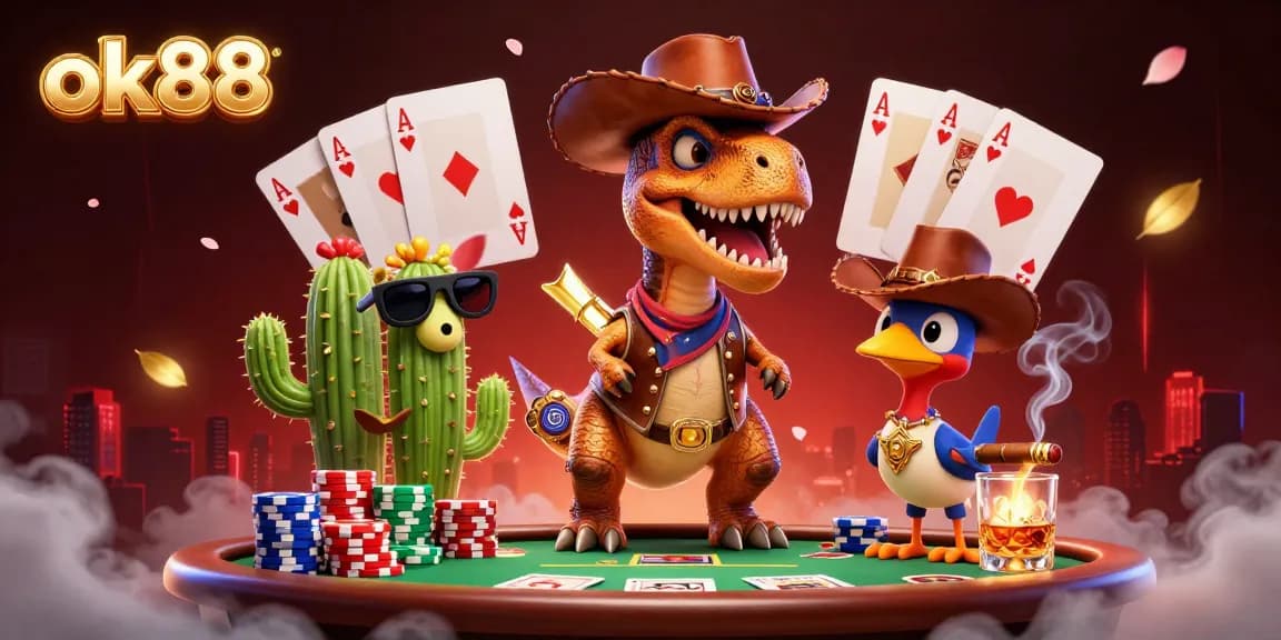 Engage in an exciting poker hand with ok88 in an ultra-detailed 3D casino scene filled with vibrant characters.