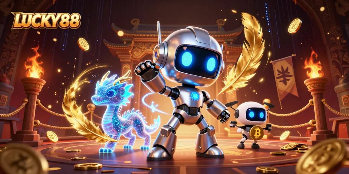 Engage with LUCKY88's vibrant casino environment featuring a robot mascot and digital elements.
