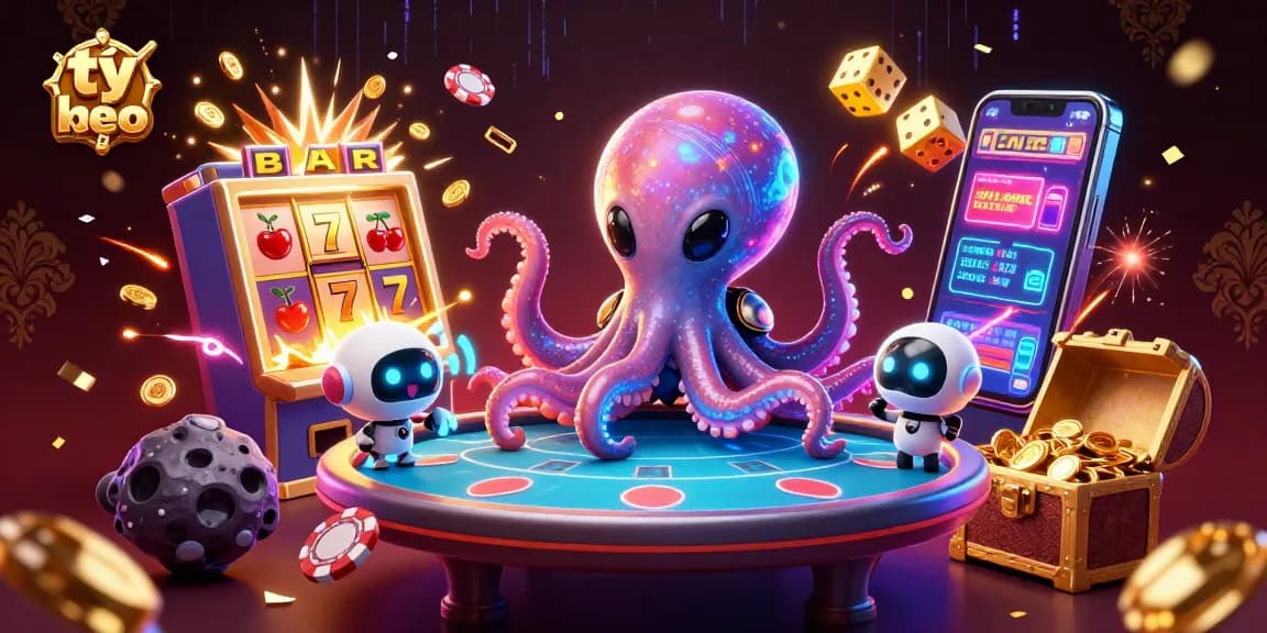 Engaging scene showcasing tỷ lệ kèo with an alien octopus and robot at a holographic poker table.