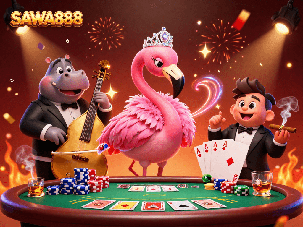 SAWA888 casino graphic showcasing vibrant illustrations of a flamingo singer and hippo bassist amidst gambling elements, highlighting excitement.