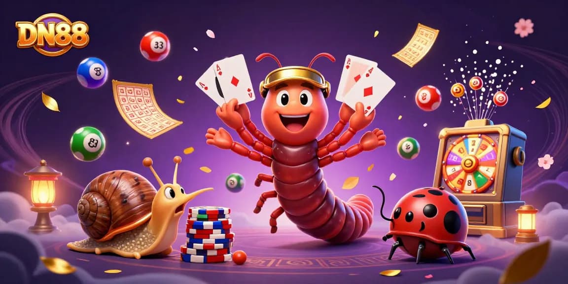 Experience thrilling gameplay at DN88 with vibrant lottery balls, a millipede dealer, and exciting gaming elements.