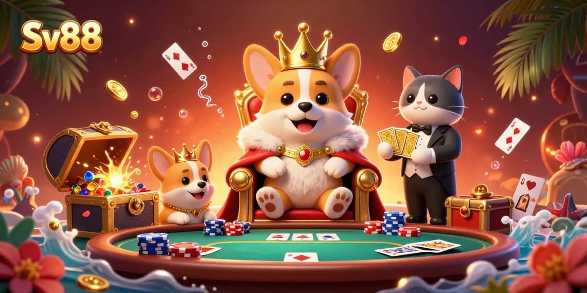 Sv88 showcases a vibrant casino scene with royal corgi royalty, dynamic poker elements, and oceanic treasures.