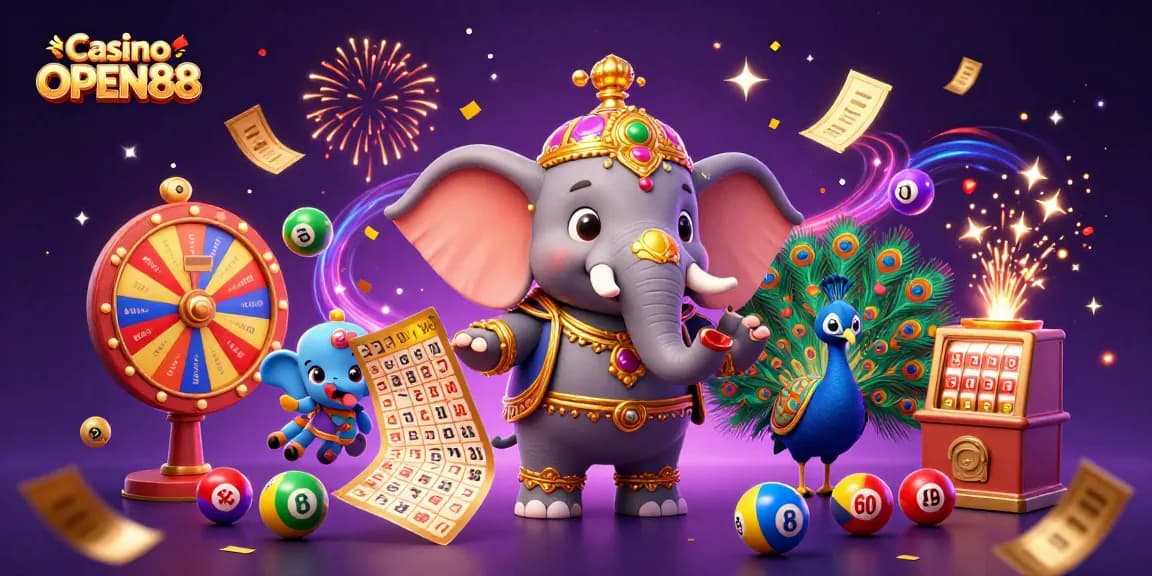 Engage with Casino OPEN88 through vibrant 3D illustration featuring lively characters and gambling elements.