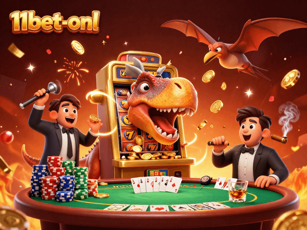 Experience the excitement of 11bet-onl with a pachycephalosaurus hitting a slot machine jackpot.