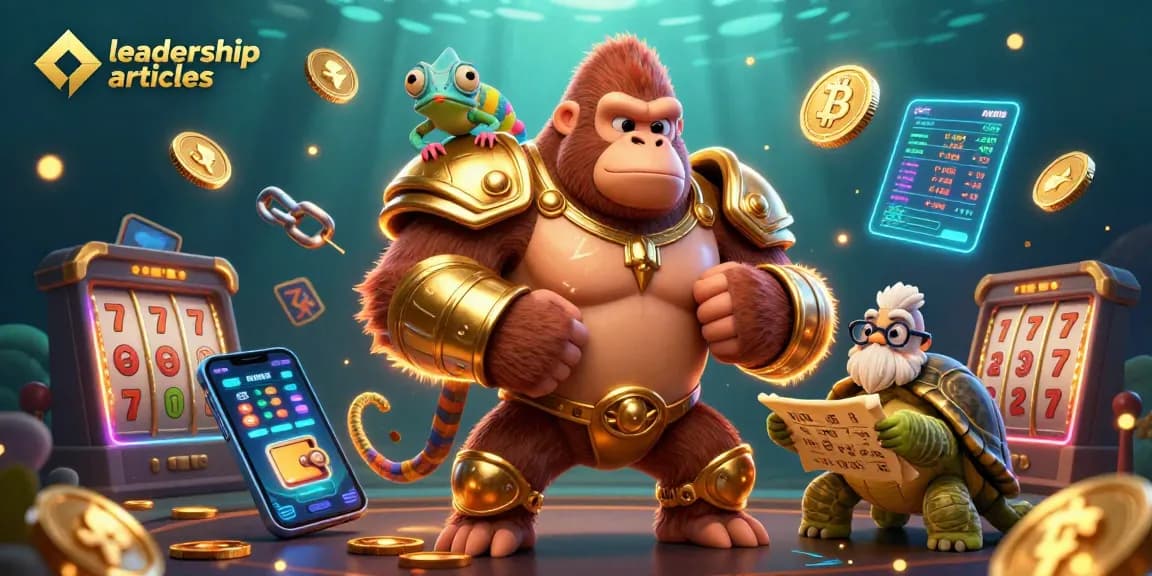 Explore engaging leadership articles through dynamic casino characters and crypto elements.