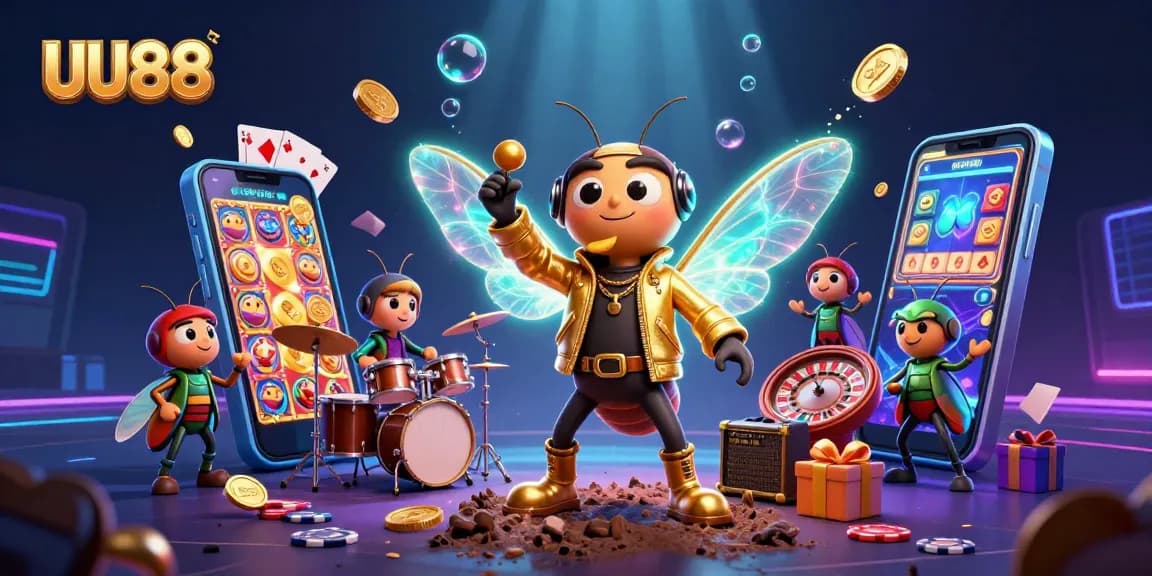 Engaging UU88 casino scene with a rock star cicada, drummer beetle, and vibrant gaming elements.