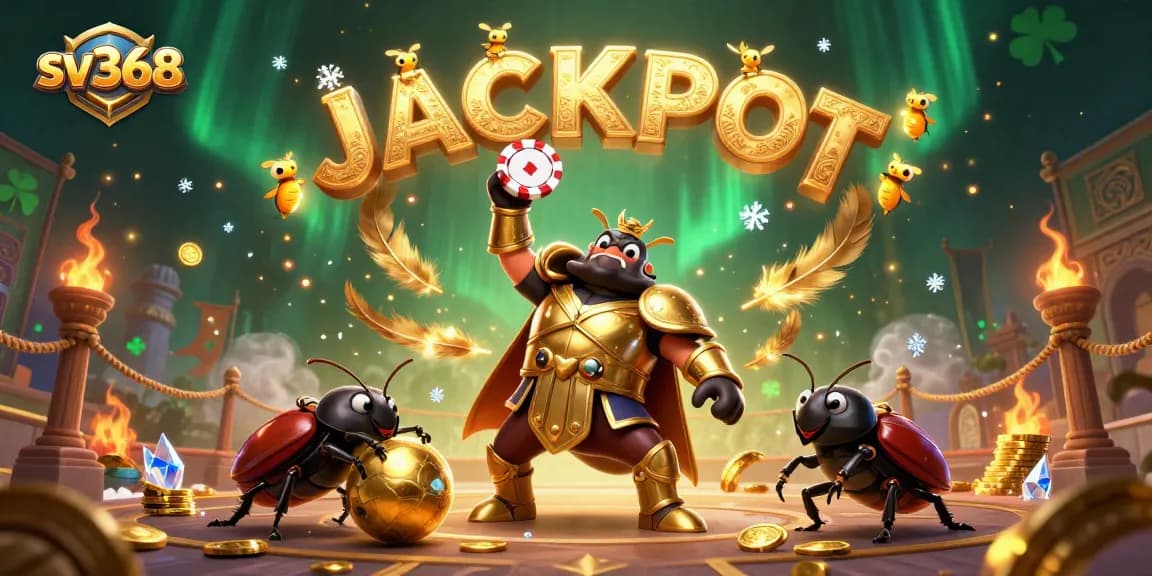 Engage in high-stakes gaming at sv368, featuring a victorious beetle champion celebrating with casino elements.