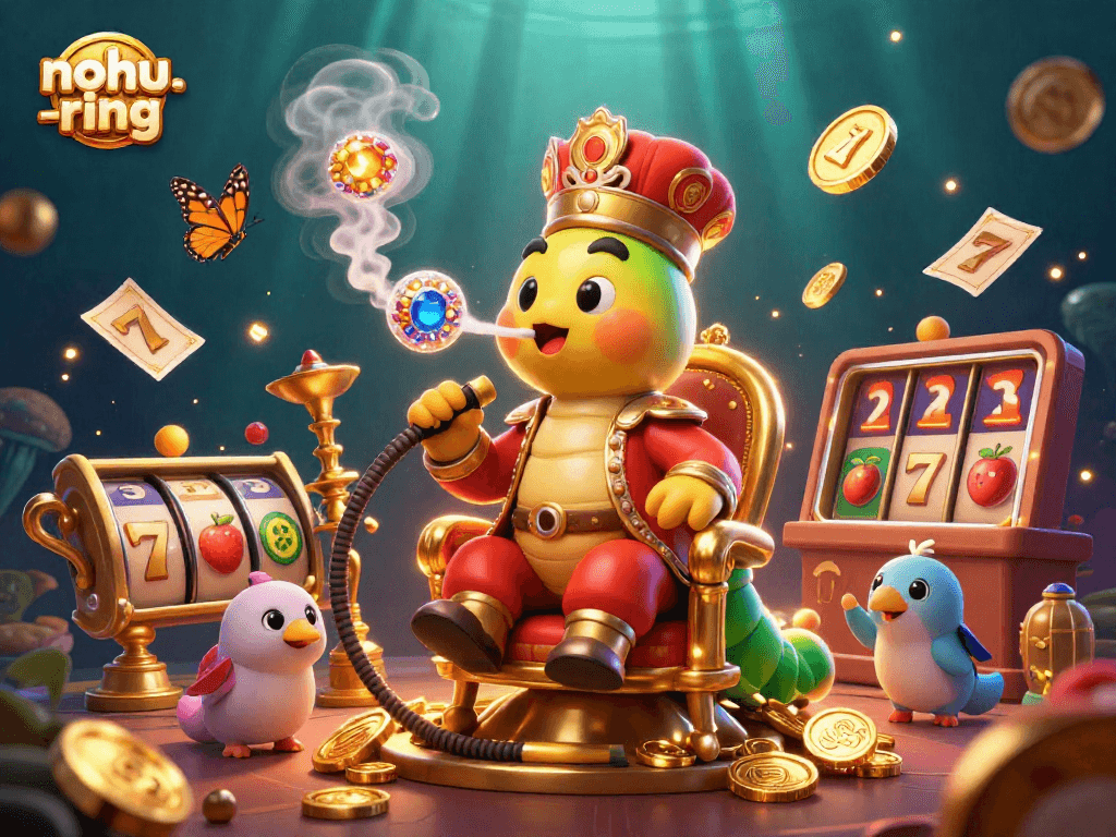 Nohu-ring boasts a vibrant scene with a sultan caterpillar and dynamic slot machine elements, inviting players.