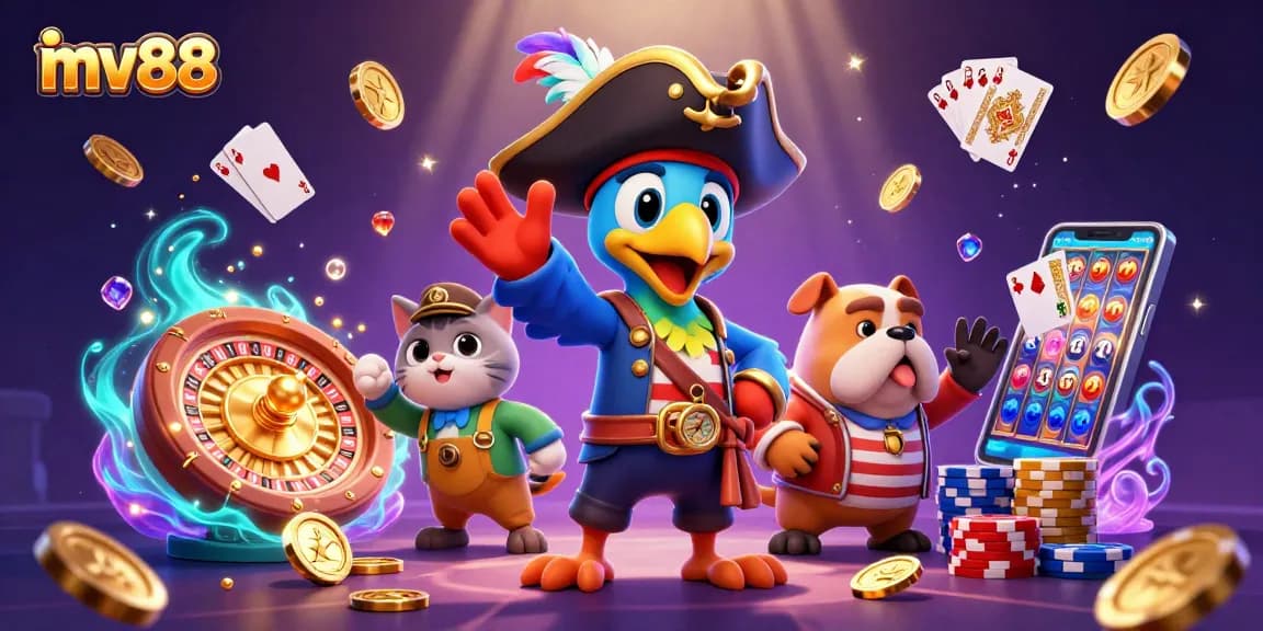 Spin to win with mv88 in this vibrant 3D casino scene filled with golden coins and roulette.