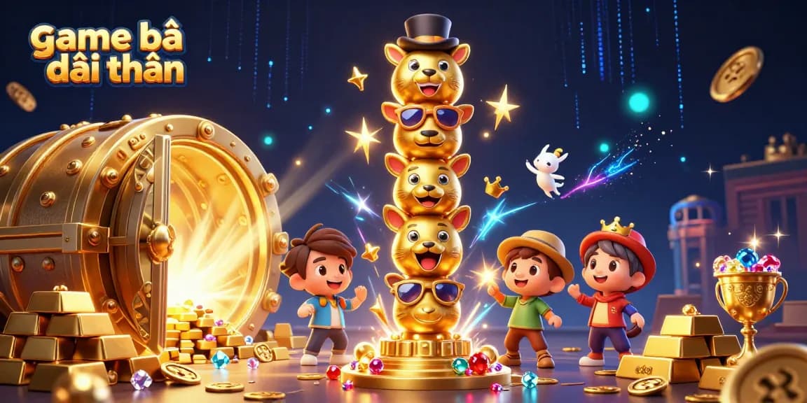 Experience the thrill of game bài đổi thưởng surrounded by treasures in this vibrant 3D illustration.