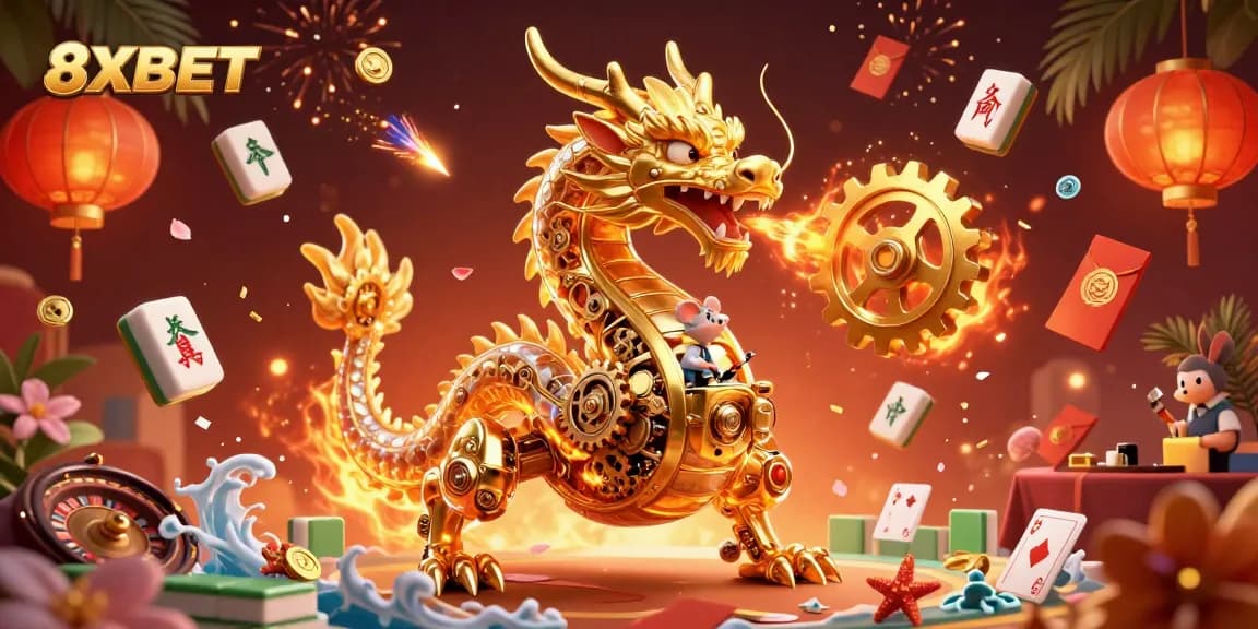 Experience the immersive world of 8XBET live casino games with a stunning dragon and golden treasures.