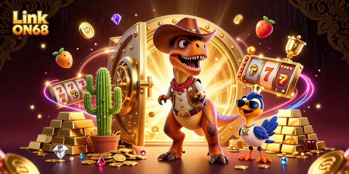 Win prizes at Link ON68 with our 3D rendering featuring a T-Rex cowboy and slot elements.