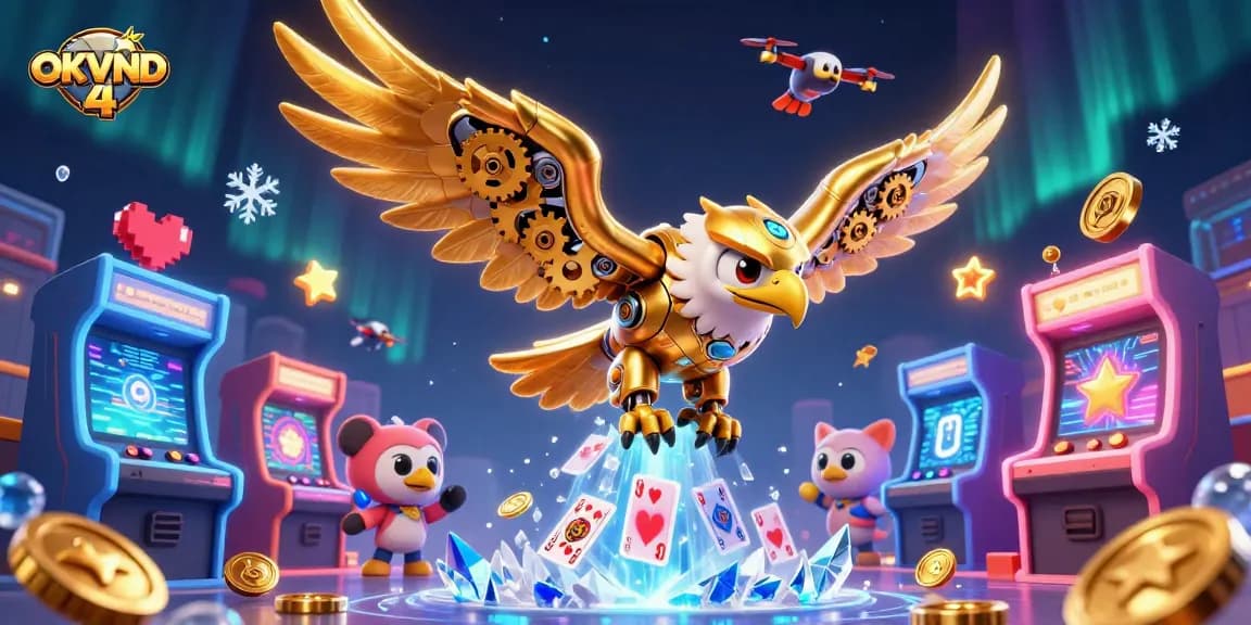 Experience the excitement of OKVND 4 with a dynamic illustration of a cybernetic eagle and casino elements.