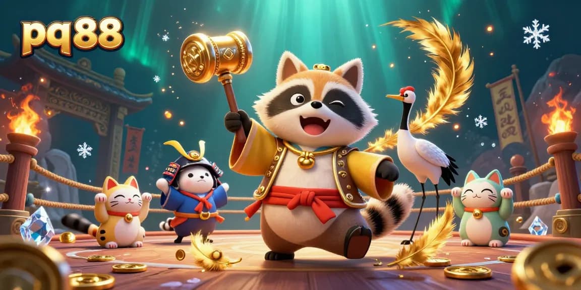 Engage with pq 88 in a lively casino atmosphere featuring a cheerful tanuki and fortune cats.
