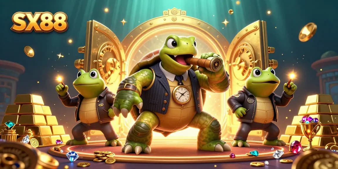 SX88 showcases a fun casino atmosphere with a turtle and bullfrogs among gold treasures.