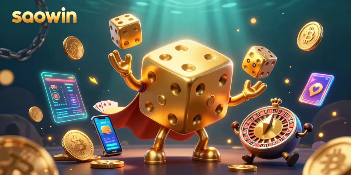 Experience thrilling moments with saowin in a vibrant 3D casino scene filled with golden dice and crypto elements.