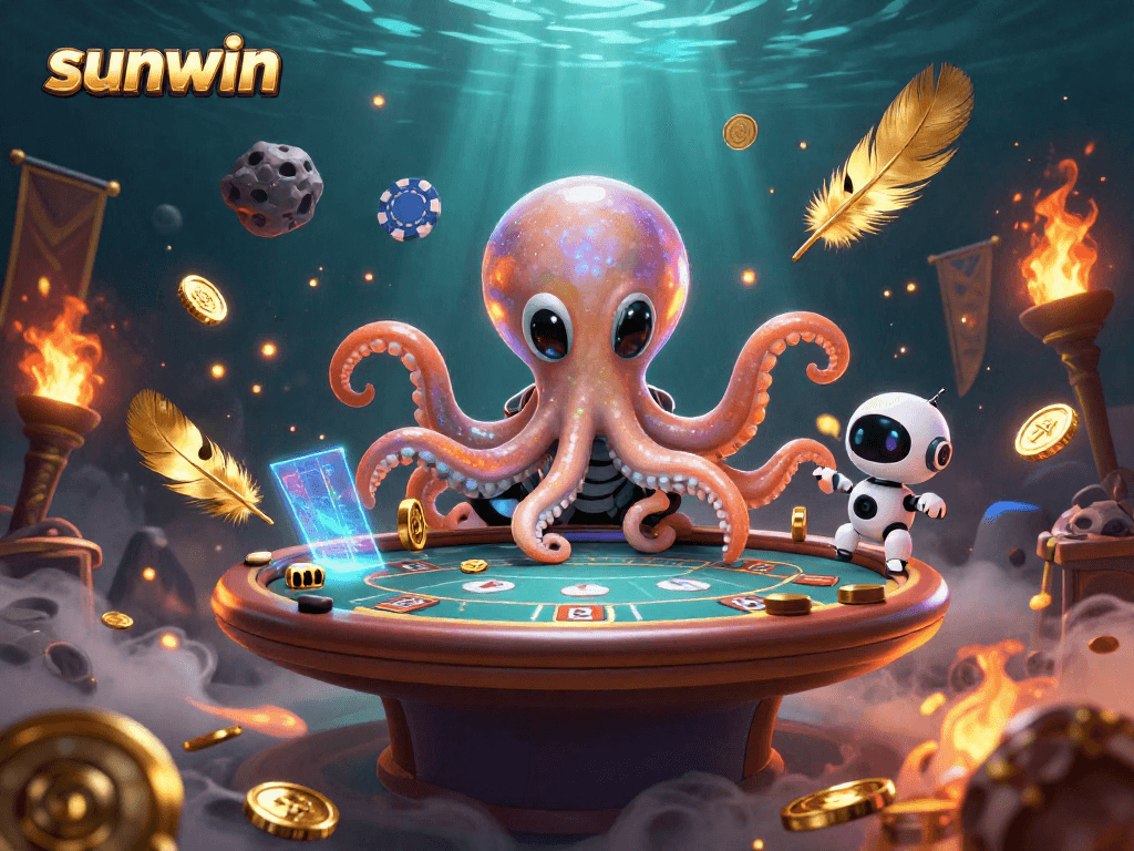 Experience the thrill of sunwin gaming with a vibrant alien octopus at a poker table in a dynamic casino scene.