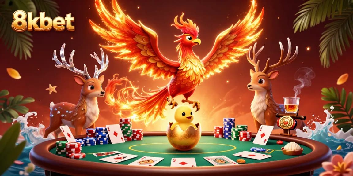 Experience high-stakes action at 8xbet with vibrant phoenix imagery and poker elements.