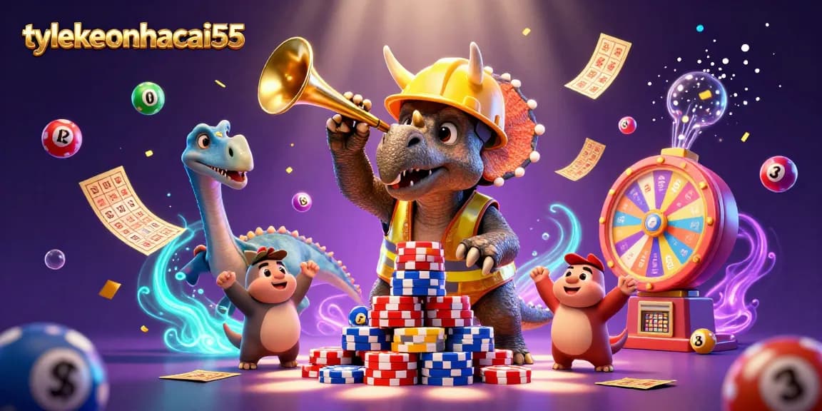 Tylekeonhacai55 celebrates with a triceratops and lottery elements in a dynamic casino scene
