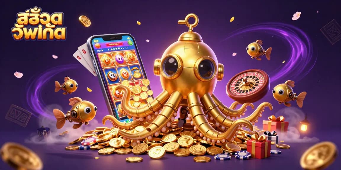 Engage with สล็อตอัพเดท interactive scene, featuring a golden kraken submarine, slot game visuals, and dynamic casino elements.