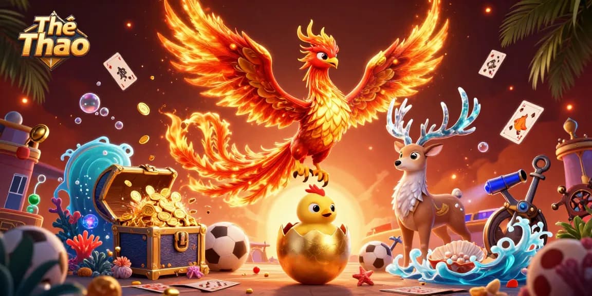 Engage with Thể Thao in vibrant sports-themed illustration featuring a phoenix and gaming elements.