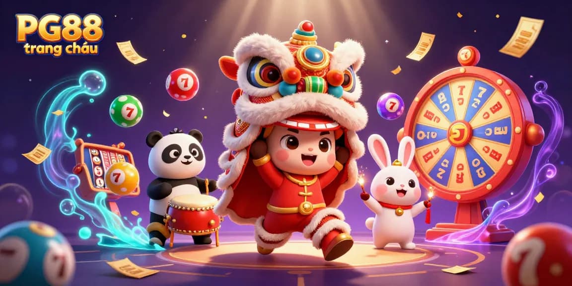 Experience the excitement of PG88 trang chủ with vibrant visuals featuring a lively lion dance and slot game elements.
