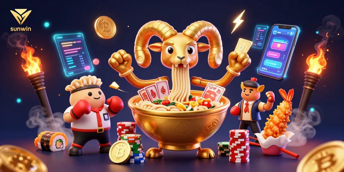 sunwin's vibrant casino scene showcases a golden ramen bowl dealing cards among crypto elements.
